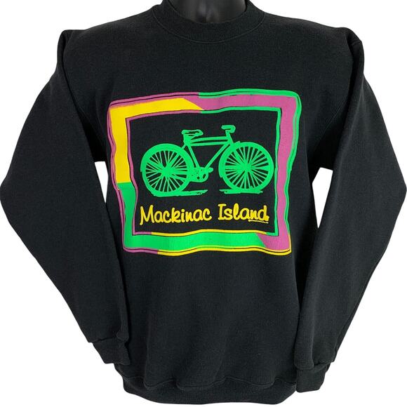 Vintage 90s Mackinac Island Michigan Sweatshirt Bicycle Bike USA Black S Small - Picture 1 of 7